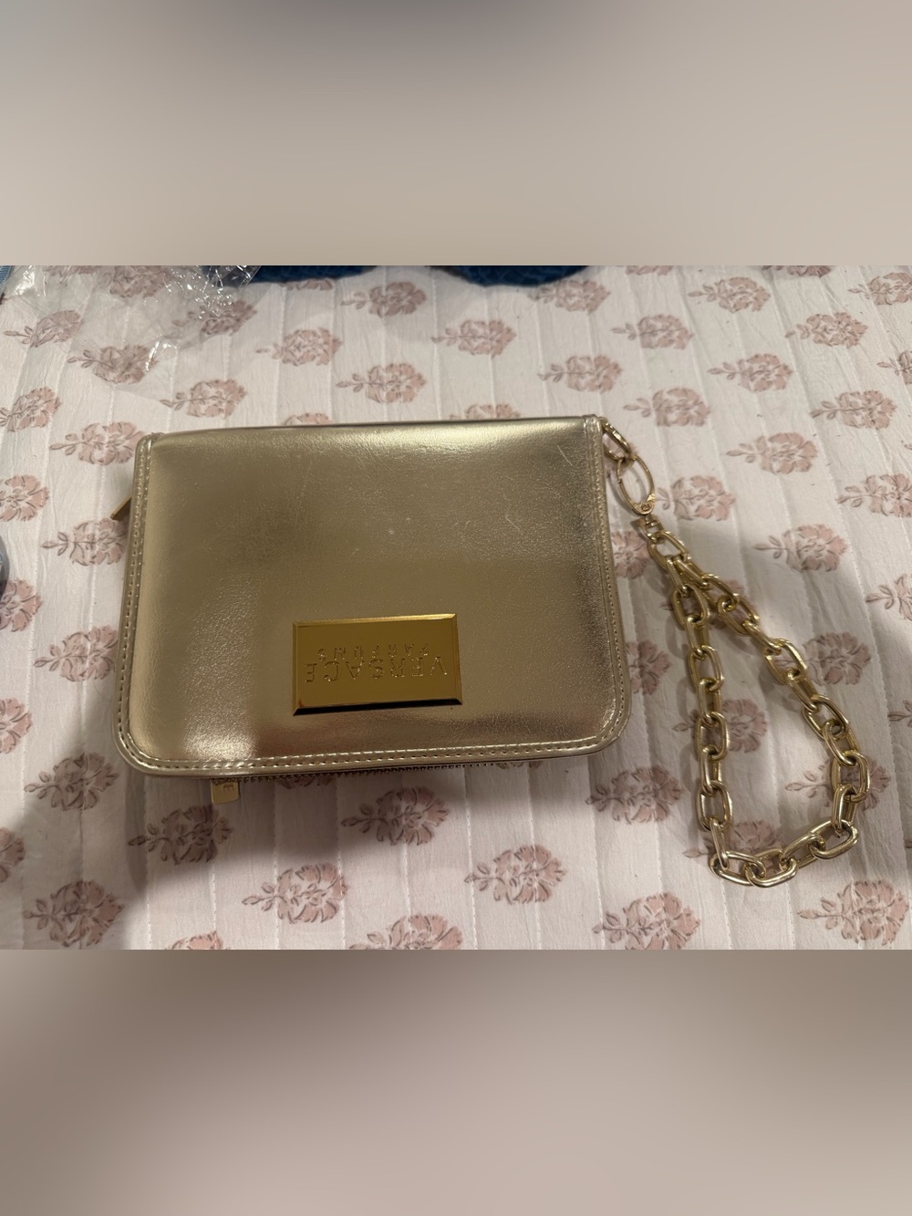 Versace perfume Metallic Gold Chain Wristlet Clutch